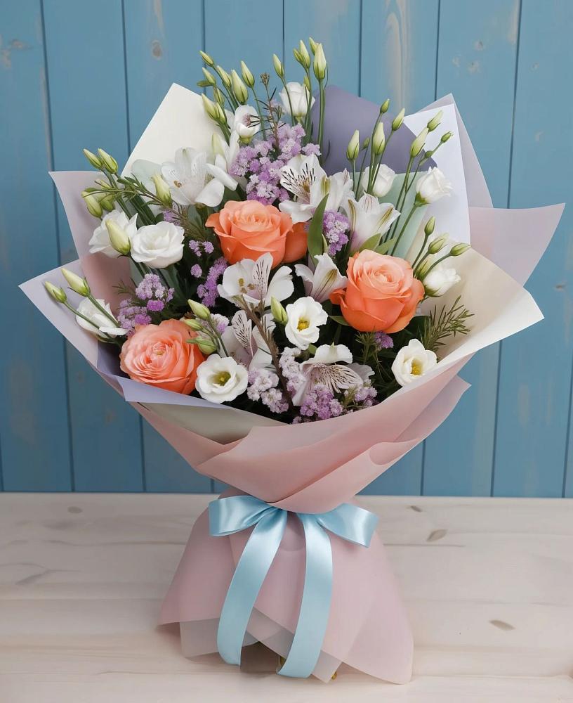 Букет цветов из: Лизиантусы, Розы, Альстромерии и Гипсофила в Афипсипе
